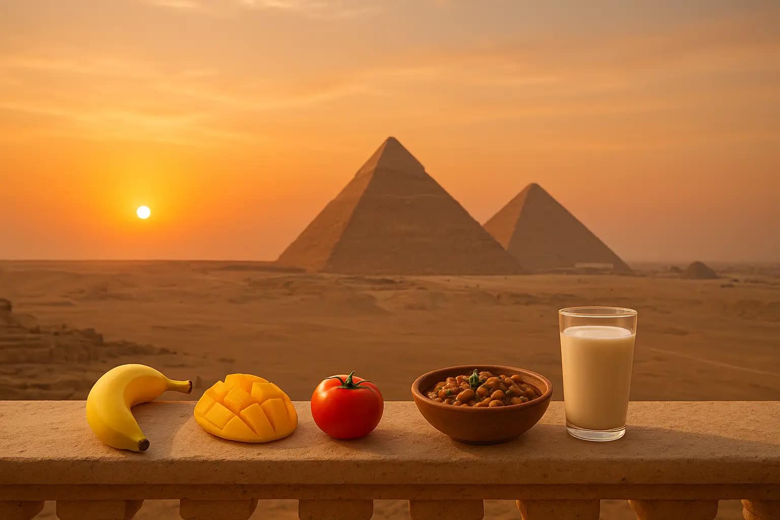 Mango Tomato, Fuul and Milk in front of the pyramids