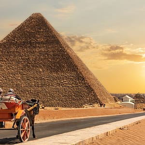 Horse and cart rides up to the Great Pyramids as the sunsets.