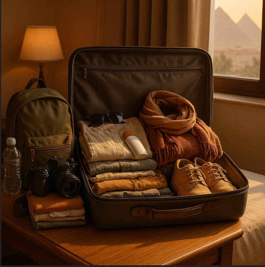 Suitcase ready to unpack after landing in your hotel room on a trip to Giza, Egypt.